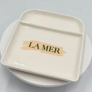 La Mer Cream Ceramic Divided Snack Tray with Beige Logo Accent